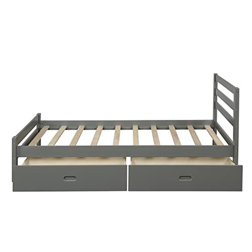 Lostcat Twin Bed Frame with Storage and Headboard,Wood Slats Support,Solid Pinewood Bedframe, No Box Spring Needed,for Boys/Girls/Adult Bedroom,Grey - Lostcat