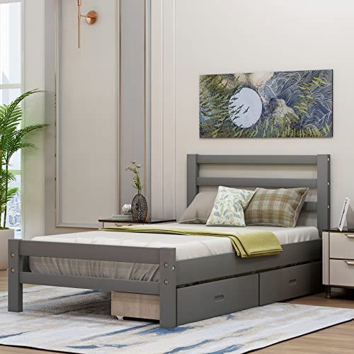 Lostcat Twin Bed Frame with Storage and Headboard,Wood Slats Support,Solid Pinewood Bedframe, No Box Spring Needed,for Boys/Girls/Adult Bedroom,Grey - Lostcat