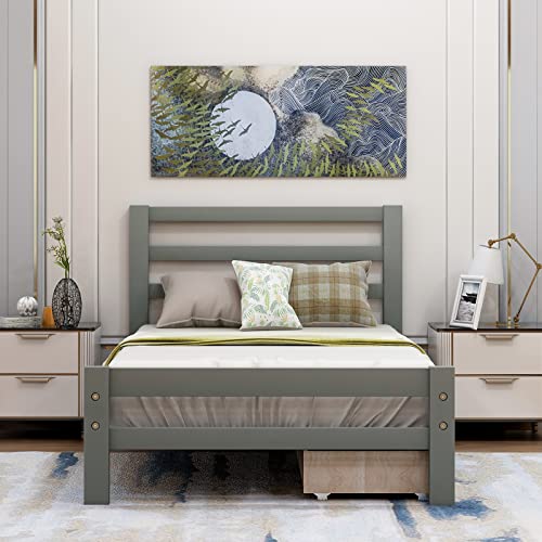 Lostcat Twin Bed Frame with Storage and Headboard,Wood Slats Support,Solid Pinewood Bedframe, No Box Spring Needed,for Boys/Girls/Adult Bedroom,Grey - Lostcat
