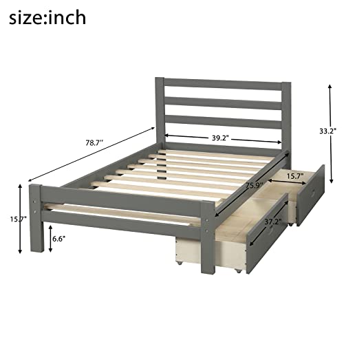 Lostcat Twin Bed Frame with Storage and Headboard,Wood Slats Support,Solid Pinewood Bedframe, No Box Spring Needed,for Boys/Girls/Adult Bedroom,Grey - Lostcat