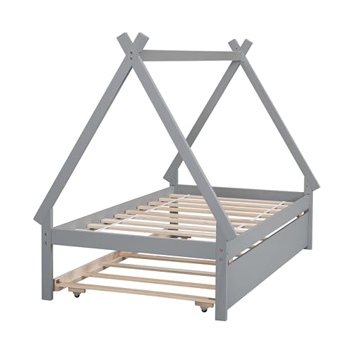 Lostcat Twin Bed with Trundle, Twin Size Tent Floor Bed, Teepee Bed for Kids Teens Girls Boys, Wood Montessori Bed with Slat Support, Easy Assembly, Grey - Lostcat