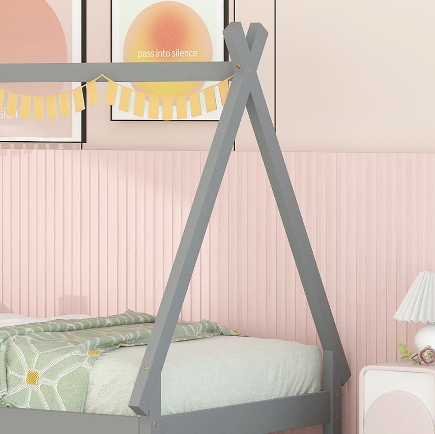Lostcat Twin Bed with Trundle, Twin Size Tent Floor Bed, Teepee Bed for Kids Teens Girls Boys, Wood Montessori Bed with Slat Support, Easy Assembly, Grey - Lostcat