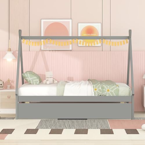 Lostcat Twin Bed with Trundle, Twin Size Tent Floor Bed, Teepee Bed for Kids Teens Girls Boys, Wood Montessori Bed with Slat Support, Easy Assembly, Grey - Lostcat