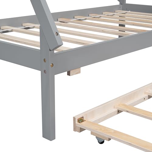 Lostcat Twin Bed with Trundle, Twin Size Tent Floor Bed, Teepee Bed for Kids Teens Girls Boys, Wood Montessori Bed with Slat Support, Easy Assembly, Grey - Lostcat