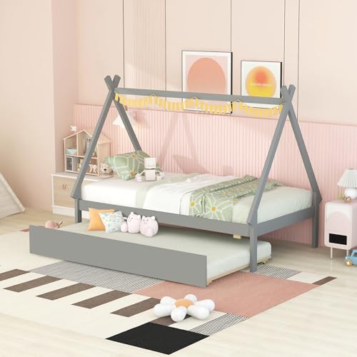 Lostcat Twin Bed with Trundle, Twin Size Tent Floor Bed, Teepee Bed for Kids Teens Girls Boys, Wood Montessori Bed with Slat Support, Easy Assembly, Grey - Lostcat