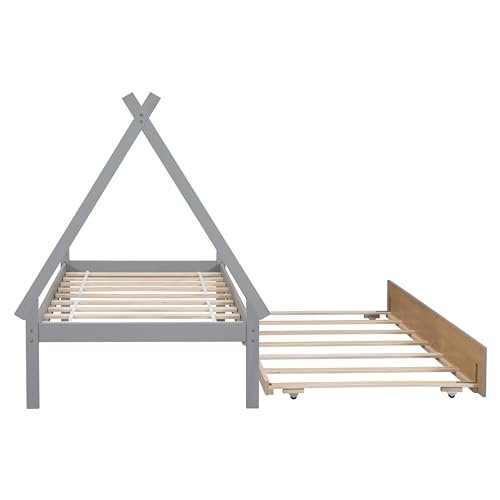 Lostcat Twin Bed with Trundle, Twin Size Tent Floor Bed, Teepee Bed for Kids Teens Girls Boys, Wood Montessori Bed with Slat Support, Easy Assembly, Grey - Lostcat