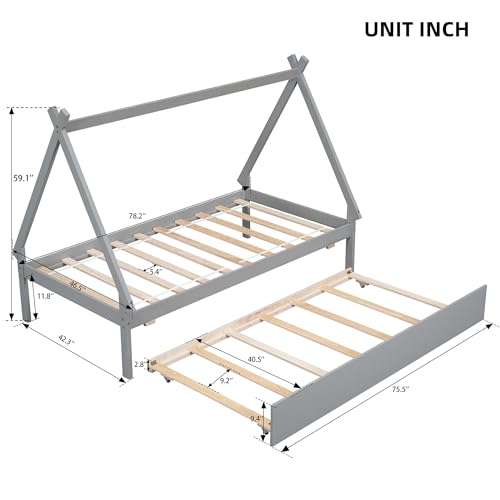 Lostcat Twin Bed with Trundle, Twin Size Tent Floor Bed, Teepee Bed for Kids Teens Girls Boys, Wood Montessori Bed with Slat Support, Easy Assembly, Grey - Lostcat