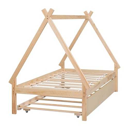 Lostcat Twin Bed with Trundle, Twin Size Tent Floor Bed, Teepee Bed for Kids Teens Girls Boys, Wood Montessori Bed with Slat Support, Easy Assembly, Natural - Lostcat