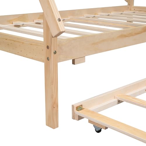 Lostcat Twin Bed with Trundle, Twin Size Tent Floor Bed, Teepee Bed for Kids Teens Girls Boys, Wood Montessori Bed with Slat Support, Easy Assembly, Natural - Lostcat