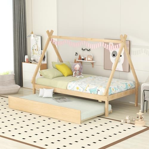 Lostcat Twin Bed with Trundle, Twin Size Tent Floor Bed, Teepee Bed for Kids Teens Girls Boys, Wood Montessori Bed with Slat Support, Easy Assembly, Natural - Lostcat