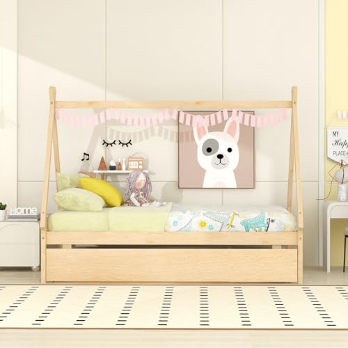 Lostcat Twin Bed with Trundle, Twin Size Tent Floor Bed, Teepee Bed for Kids Teens Girls Boys, Wood Montessori Bed with Slat Support, Easy Assembly, Natural - Lostcat