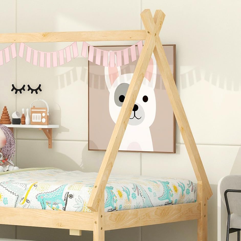 Lostcat Twin Bed with Trundle, Twin Size Tent Floor Bed, Teepee Bed for Kids Teens Girls Boys, Wood Montessori Bed with Slat Support, Easy Assembly, Natural - Lostcat