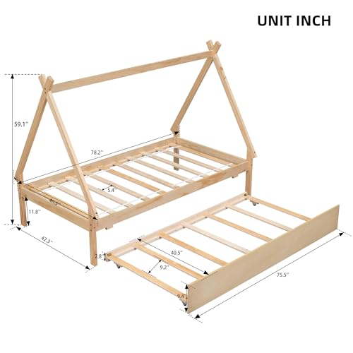 Lostcat Twin Bed with Trundle, Twin Size Tent Floor Bed, Teepee Bed for Kids Teens Girls Boys, Wood Montessori Bed with Slat Support, Easy Assembly, Natural - Lostcat