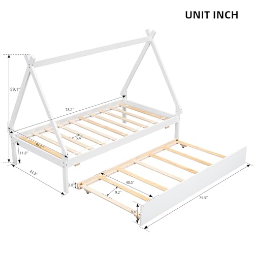 Lostcat Twin Bed with Trundle, Twin Size Tent Floor Bed, Teepee Bed for Kids Teens Girls Boys, Wood Montessori Bed with Slat Support, Easy Assembly, White - Lostcat