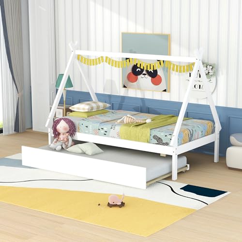 Lostcat Twin Bed with Trundle, Twin Size Tent Floor Bed, Teepee Bed for Kids Teens Girls Boys, Wood Montessori Bed with Slat Support, Easy Assembly, White - Lostcat