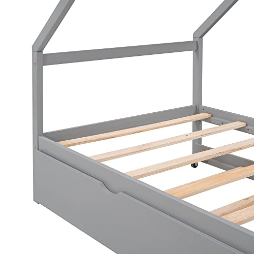 Lostcat Twin Bed with Trundle,Wooden House Bed Frame with Pull-Out Trundle for Kids,Teens,Girls,Boys,No Box Spring Needed,Grey - Lostcat