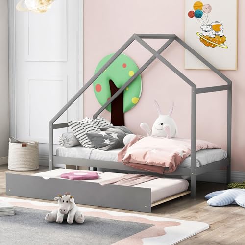 Lostcat Twin Bed with Trundle,Wooden House Bed Frame with Pull-Out Trundle for Kids,Teens,Girls,Boys,No Box Spring Needed,Grey - Lostcat