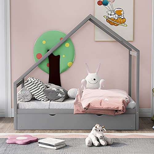 Lostcat Twin Bed with Trundle,Wooden House Bed Frame with Pull-Out Trundle for Kids,Teens,Girls,Boys,No Box Spring Needed,Grey - Lostcat