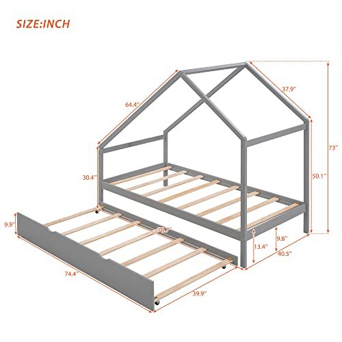 Lostcat Twin Bed with Trundle,Wooden House Bed Frame with Pull-Out Trundle for Kids,Teens,Girls,Boys,No Box Spring Needed,Grey - Lostcat