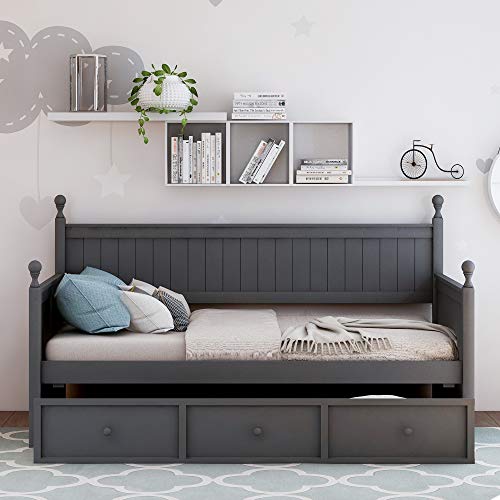 Lostcat Twin Daybed with 3 Storage Drawers,Solid Pinewood Day Bed with Safety Armrests for Living Room,Bedroom,Guest Room,Wood Slat Support/No Box Spring Needed,Grey - Lostcat