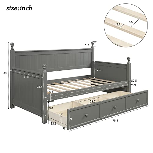Lostcat Twin Daybed with 3 Storage Drawers,Solid Pinewood Day Bed with Safety Armrests for Living Room,Bedroom,Guest Room,Wood Slat Support/No Box Spring Needed,Grey - Lostcat
