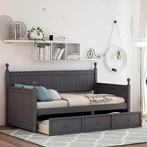 Lostcat Twin Daybed with 3 Storage Drawers,Solid Pinewood Day Bed with Safety Armrests for Living Room,Bedroom,Guest Room,Wood Slat Support/No Box Spring Needed,Grey - Lostcat