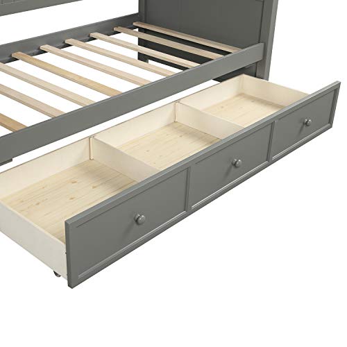 Lostcat Twin Daybed with 3 Storage Drawers,Solid Pinewood Day Bed with Safety Armrests for Living Room,Bedroom,Guest Room,Wood Slat Support/No Box Spring Needed,Grey - Lostcat