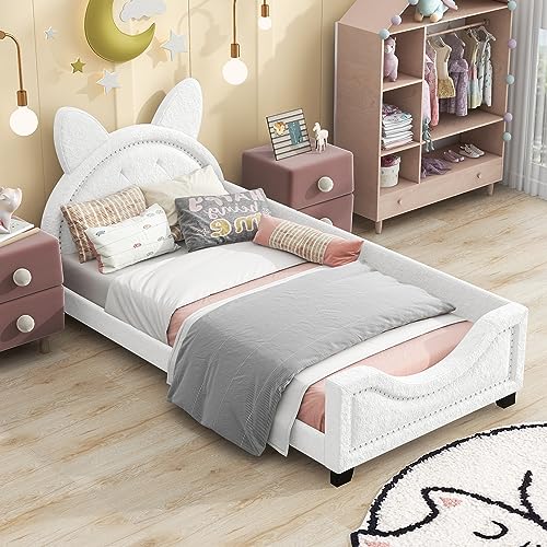 Lostcat Twin Daybed with Carton Ears-Shaped,Cute Kid Bed Frame Upholstered Kid Bed,Twin Size Velvet Daybed Bed Frame with Slat Supports,Headboard and Footboard for Kids,Child's Bedroom, White - Lostcat