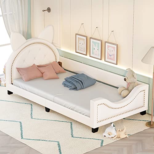 Lostcat Twin Daybed with Carton-Shaped, Upholstered Daybed Sofa Bed, PU Daybed Bed Frame with Slat Supports, Headboard and Footboard for Kids, Child's Bedroom, White - Lostcat