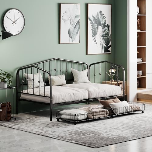 Lostcat Twin Daybed with Storage, Metal Day Bed with 2 Drawers for Bedroom Living Room, Stylish Daybed Sofa Bed with Heavy Duty Slat Support, No Box Spring Needed, Black - Lostcat
