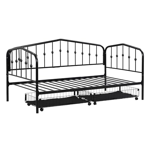Lostcat Twin Daybed with Storage, Metal Day Bed with 2 Drawers for Bedroom Living Room, Stylish Daybed Sofa Bed with Heavy Duty Slat Support, No Box Spring Needed, Black - Lostcat