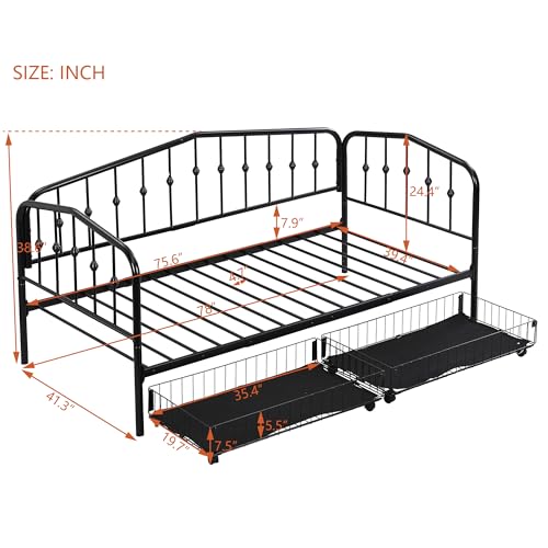 Lostcat Twin Daybed with Storage, Metal Day Bed with 2 Drawers for Bedroom Living Room, Stylish Daybed Sofa Bed with Heavy Duty Slat Support, No Box Spring Needed, Black - Lostcat