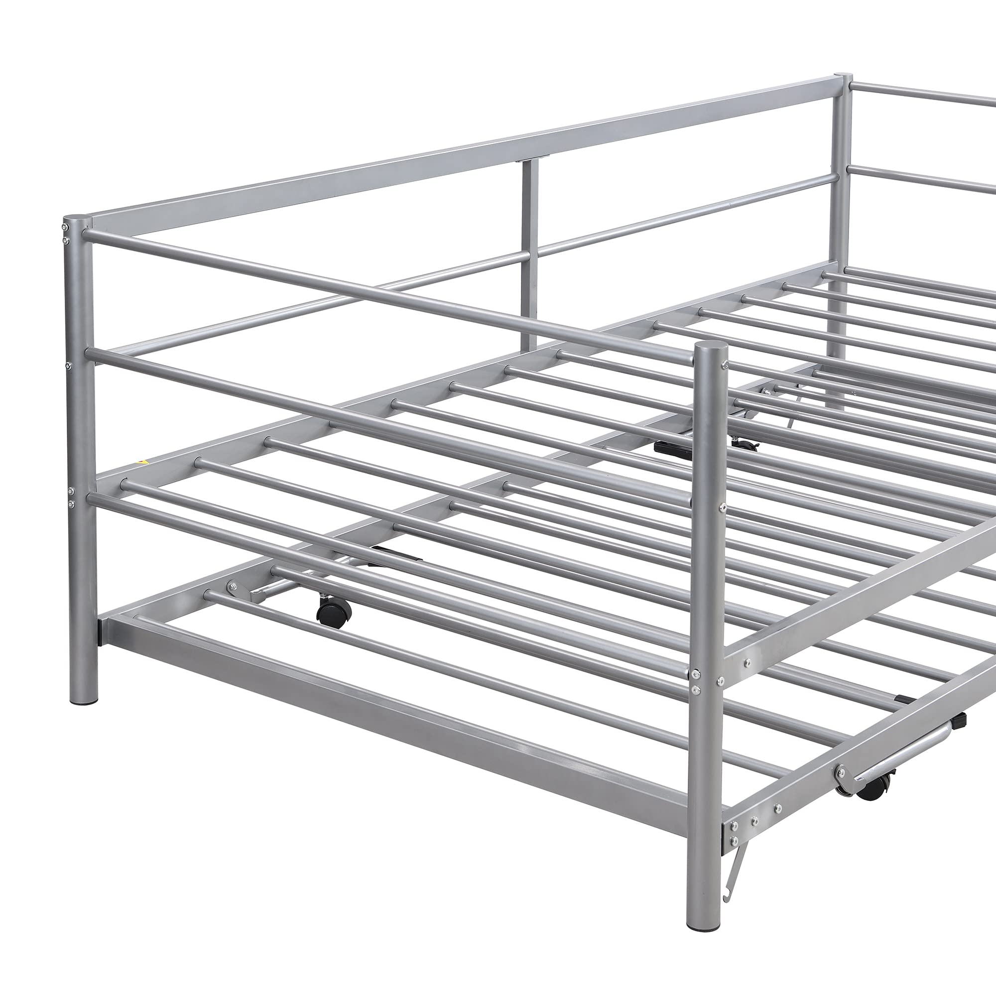 Lostcat Twin Daybed with Trundle, Metal Day Bed with Adjustable Pop Up Trundle Bed Twin,for Bedroom Living Room, Heavy Duty Steel Slat Support, Silver - Lostcat