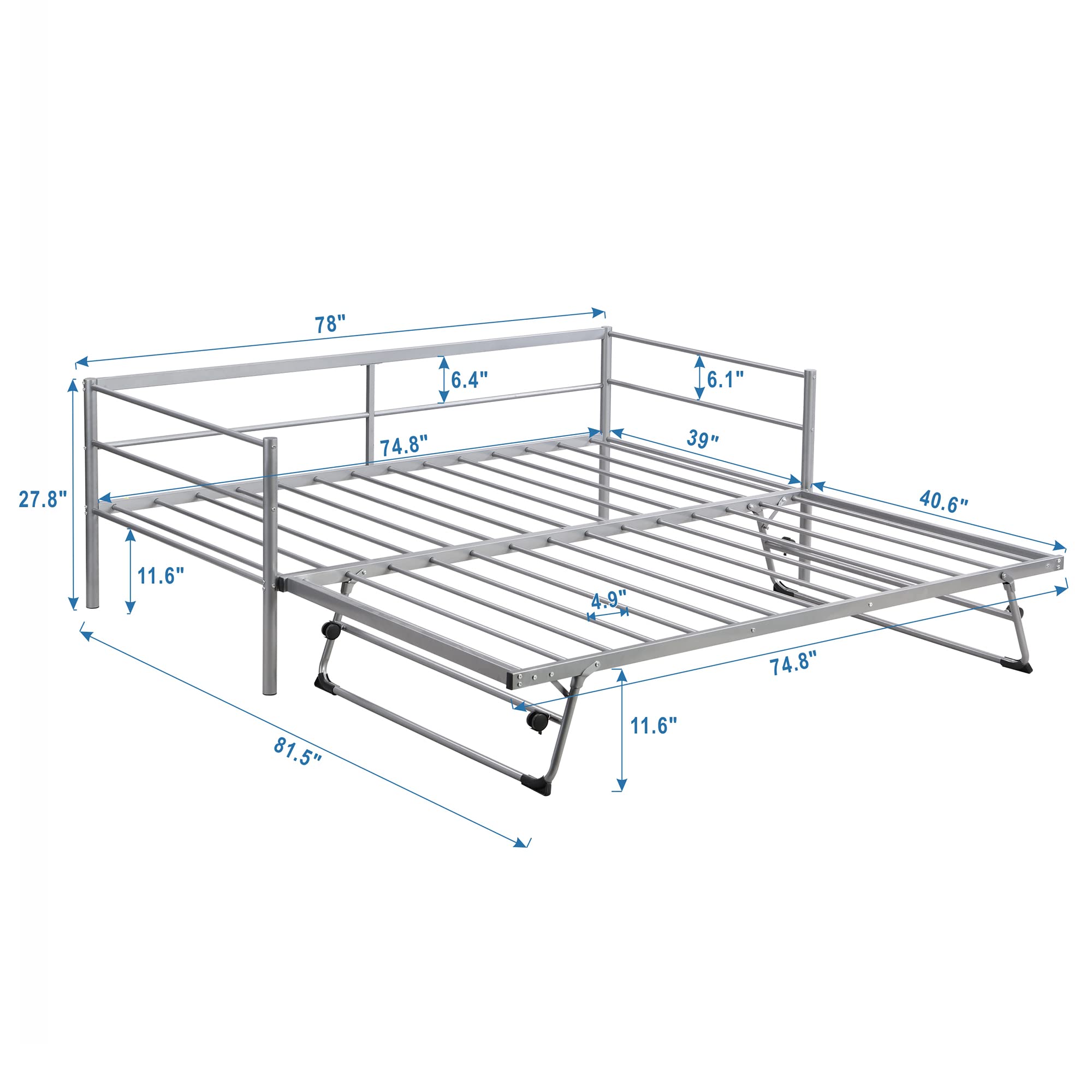 Lostcat Twin Daybed with Trundle, Metal Day Bed with Adjustable Pop Up Trundle Bed Twin,for Bedroom Living Room, Heavy Duty Steel Slat Support, Silver - Lostcat