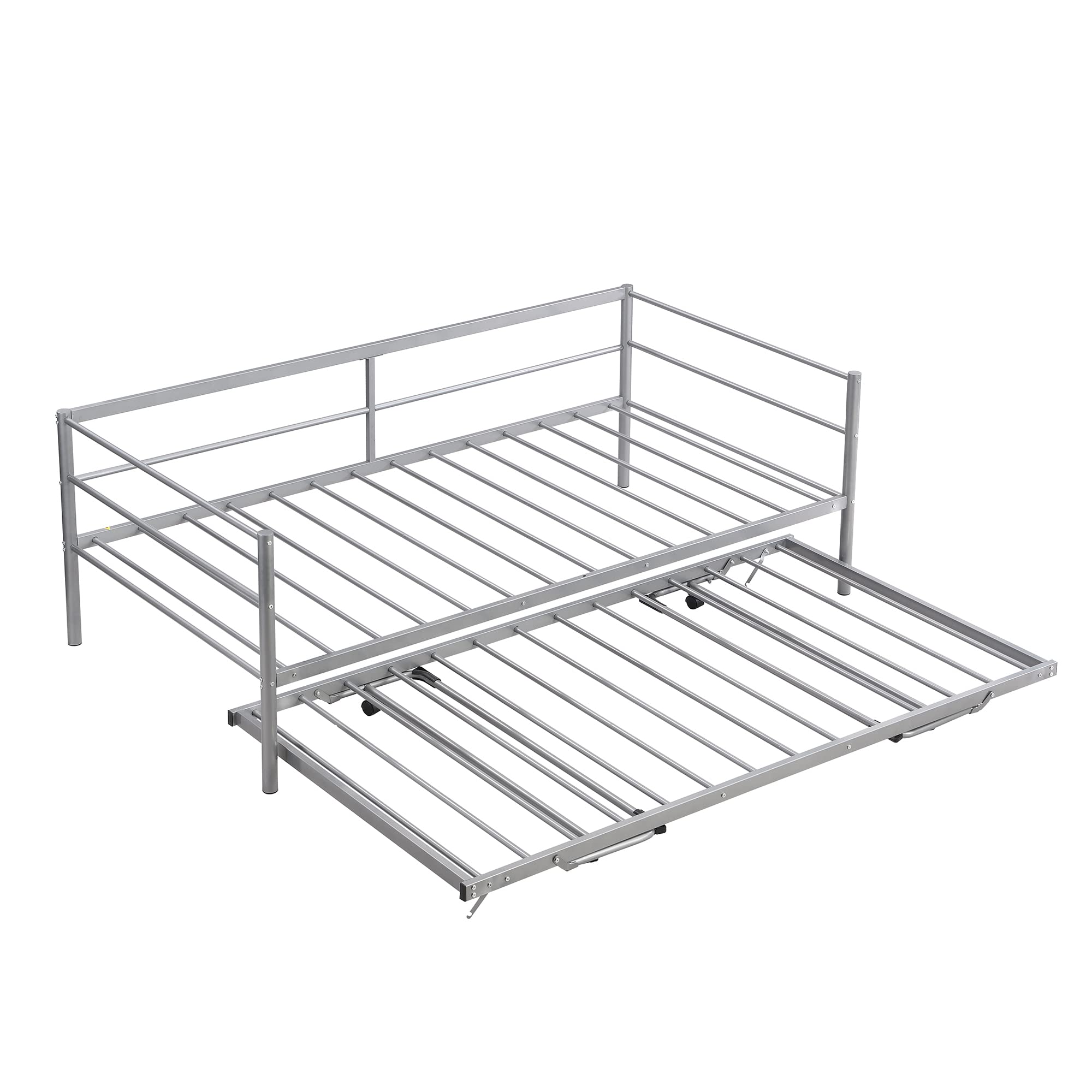 Lostcat Twin Daybed with Trundle, Metal Day Bed with Adjustable Pop Up Trundle Bed Twin,for Bedroom Living Room, Heavy Duty Steel Slat Support, Silver - Lostcat