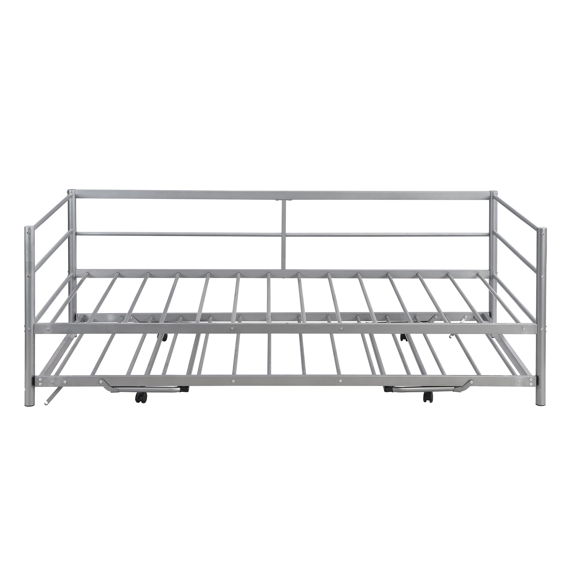 Lostcat Twin Daybed with Trundle, Metal Day Bed with Adjustable Pop Up Trundle Bed Twin,for Bedroom Living Room, Heavy Duty Steel Slat Support, Silver - Lostcat