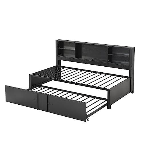 Lostcat Twin Daybed with Trundle, Twin Day Bed with Storage Shelves and USB Ports, Metal Bed Frame for Living Room Bedroom, No Box Spring Needed/Heavy Duty Metal Slat Support, Black - Lostcat