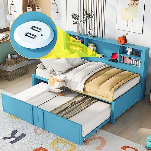 Lostcat Twin Daybed with Trundle, Twin Day Bed with Storage Shelves and USB Ports, Metal Bed Frame for Living Room Bedroom, No Box Spring Needed/Heavy Duty Metal Slat Support, Blue - Lostcat