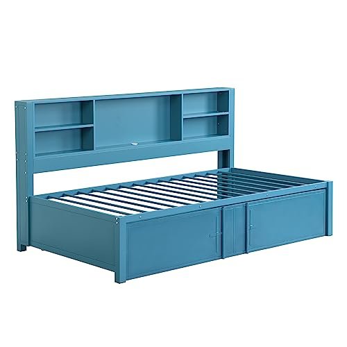 Lostcat Twin Daybed with Trundle, Twin Day Bed with Storage Shelves and USB Ports, Metal Bed Frame for Living Room Bedroom, No Box Spring Needed/Heavy Duty Metal Slat Support, Blue - Lostcat
