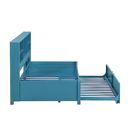 Lostcat Twin Daybed with Trundle, Twin Day Bed with Storage Shelves and USB Ports, Metal Bed Frame for Living Room Bedroom, No Box Spring Needed/Heavy Duty Metal Slat Support, Blue - Lostcat