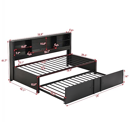 Lostcat Twin Daybed with Trundle, Twin Day Bed with Storage Shelves and USB Ports, Metal Bed Frame for Living Room Bedroom, No Box Spring Needed/Heavy Duty Metal Slat Support, Black - Lostcat