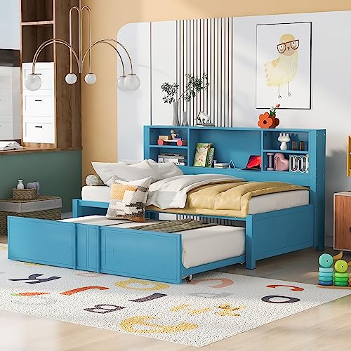 Lostcat Twin Daybed with Trundle, Twin Day Bed with Storage Shelves and USB Ports, Metal Bed Frame for Living Room Bedroom, No Box Spring Needed/Heavy Duty Metal Slat Support, Blue - Lostcat