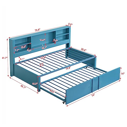 Lostcat Twin Daybed with Trundle, Twin Day Bed with Storage Shelves and USB Ports, Metal Bed Frame for Living Room Bedroom, No Box Spring Needed/Heavy Duty Metal Slat Support, Blue - Lostcat