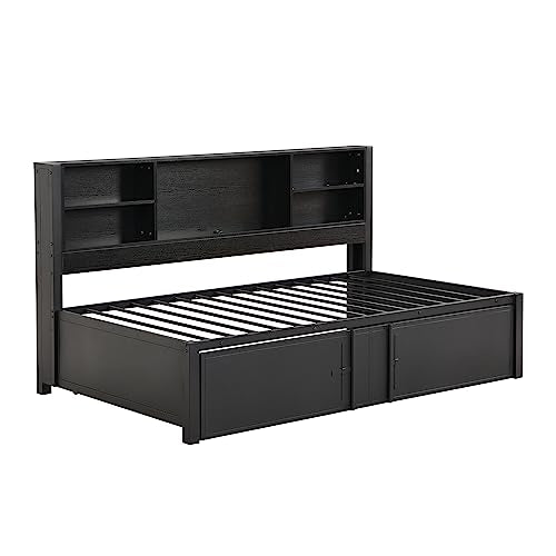 Lostcat Twin Daybed with Trundle, Twin Day Bed with Storage Shelves and USB Ports, Metal Bed Frame for Living Room Bedroom, No Box Spring Needed/Heavy Duty Metal Slat Support, Black - Lostcat