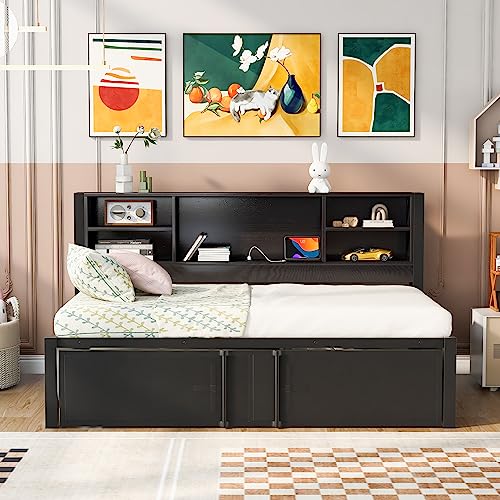 Lostcat Twin Daybed with Trundle, Twin Day Bed with Storage Shelves and USB Ports, Metal Bed Frame for Living Room Bedroom, No Box Spring Needed/Heavy Duty Metal Slat Support, Black - Lostcat