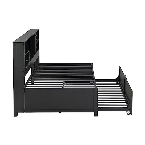 Lostcat Twin Daybed with Trundle, Twin Day Bed with Storage Shelves and USB Ports, Metal Bed Frame for Living Room Bedroom, No Box Spring Needed/Heavy Duty Metal Slat Support, Black - Lostcat