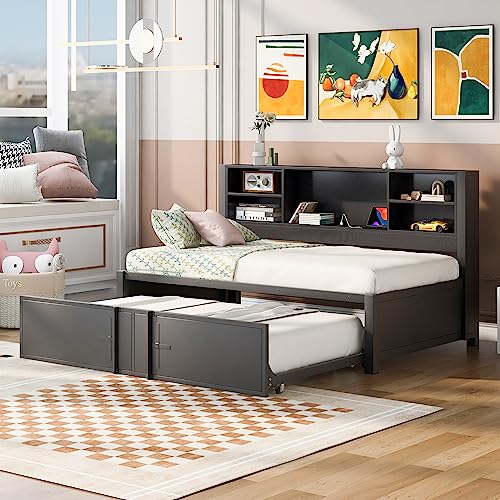 Lostcat Twin Daybed with Trundle, Twin Day Bed with Storage Shelves and USB Ports, Metal Bed Frame for Living Room Bedroom, No Box Spring Needed/Heavy Duty Metal Slat Support, Black - Lostcat