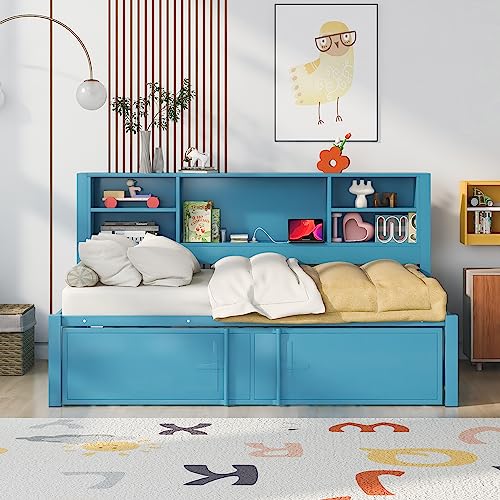 Lostcat Twin Daybed with Trundle, Twin Day Bed with Storage Shelves and USB Ports, Metal Bed Frame for Living Room Bedroom, No Box Spring Needed/Heavy Duty Metal Slat Support, Blue - Lostcat