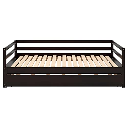 Lostcat Twin Daybed with Trundle, Twin to King Bed with Trundle, Extendable Daybed with Trundle, Twin or Double Twin Daybed with Trundle for Bedroom Living Room Guest Room, Espresso - Lostcat