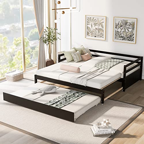 Lostcat Twin Daybed with Trundle, Twin to King Bed with Trundle, Extendable Daybed with Trundle, Twin or Double Twin Daybed with Trundle for Bedroom Living Room Guest Room, Espresso - Lostcat